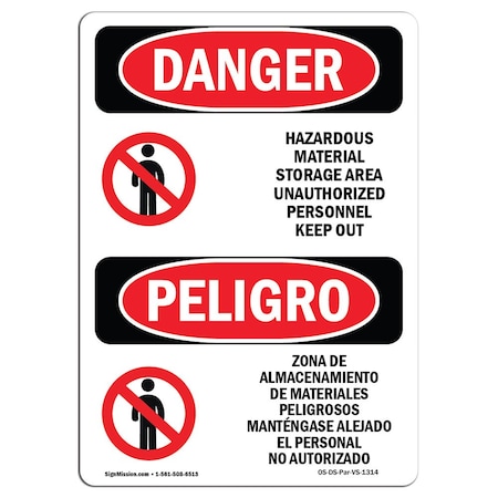 Signmission Safety Sign, OSHA Danger, 5" Height, Hazardous Material Storage Area Bilingual Spanish OS-DS-D-35-VS-1314